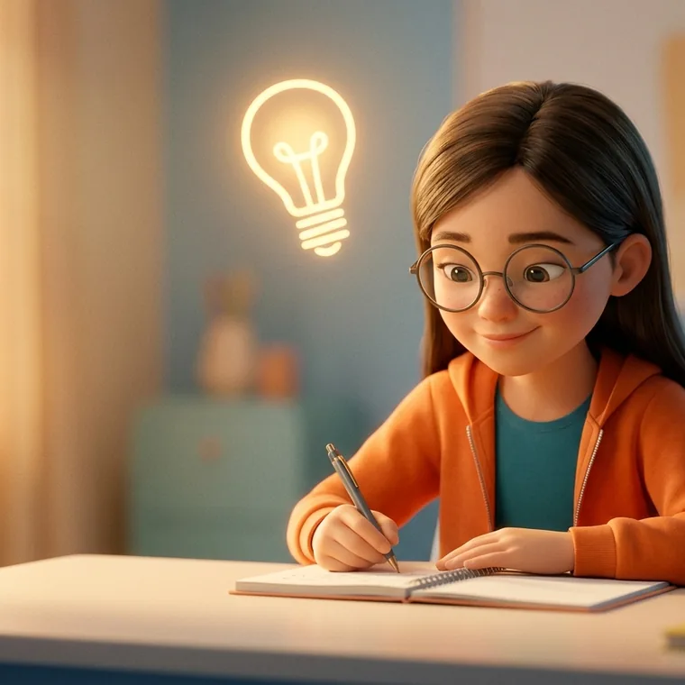 A girl in round glasses writing in a notebook at a desk, with a glowing lightbulb above her.