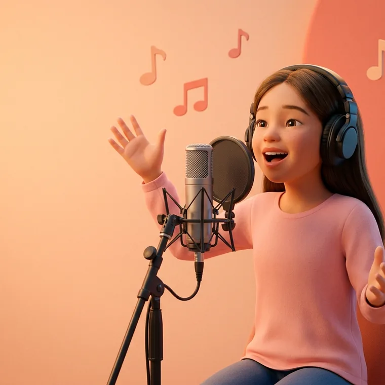 A girl in a pink top wearing studio headphones, singing into a large microphone.