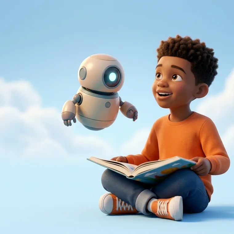 A boy sitting with an open picture book, looking up at a small friendly robot character.
