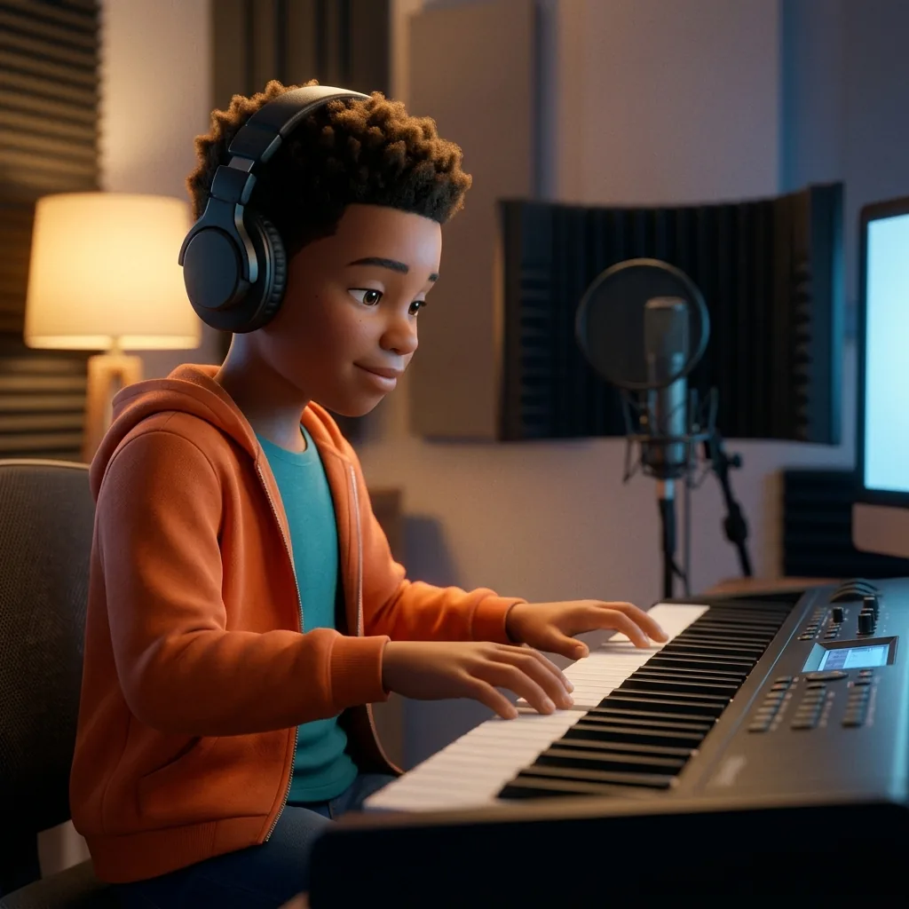 A boy in studio headphones playing a music keyboard in a home studio, lit by a warm desk lamp and the glow of a screen.