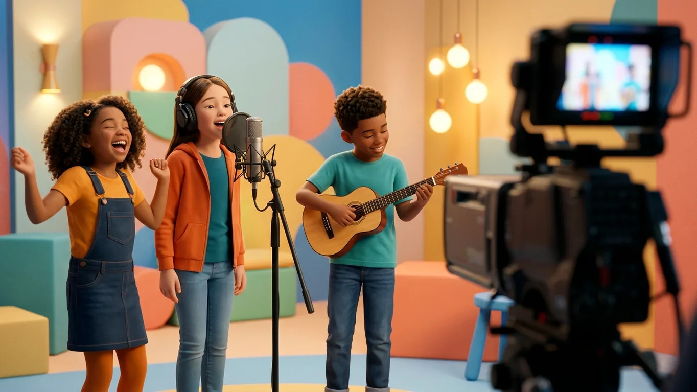 Three children performing together on a brightly lit television studio set, one singing at a microphone, one playing an acoustic guitar, with a broadcast camera in the foreground.