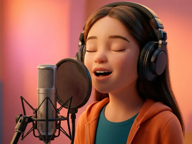 A girl in studio headphones singing into a microphone with her eyes closed.