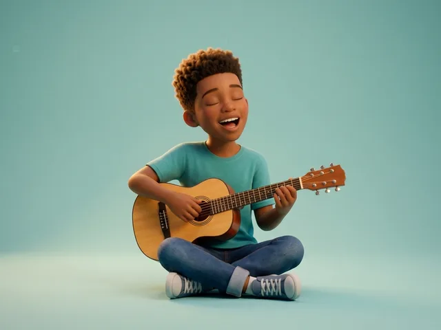 A boy sitting cross-legged playing an acoustic guitar and singing.