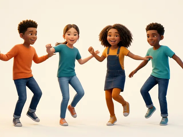 Four children dancing together, caught mid-movement.