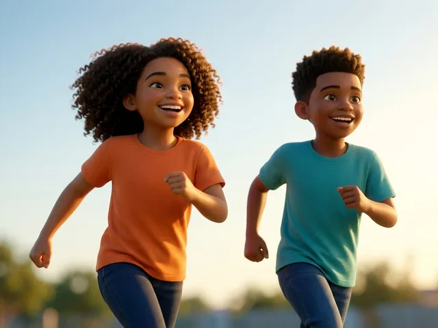 Two children running side by side outdoors in late afternoon sunlight.