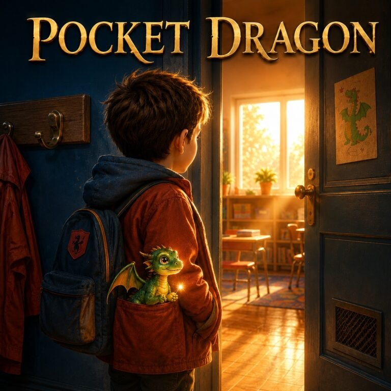 A boy with a backpack stands in a school doorway, a small green dragon peeking out of his jacket pocket.